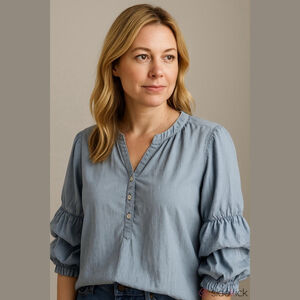 Entro Ruffle Puff Sleeve Button Blouse – Size Small – Light Blue